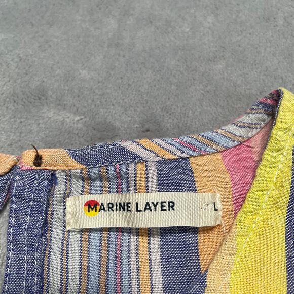 Marine Layer Laney Dress Womens Large Blue Stripe Linen Tencel Coastal Ruffle - Picture 3 of 9